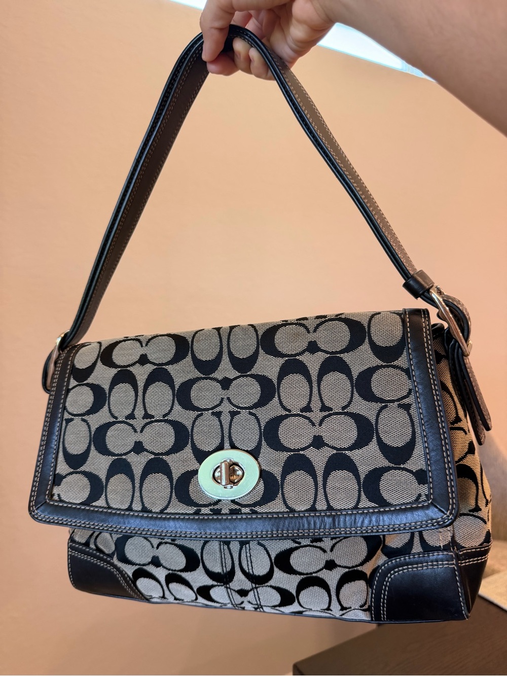 Coach Black and gray Signature Canvas Shoulder Bag with turn lock flap